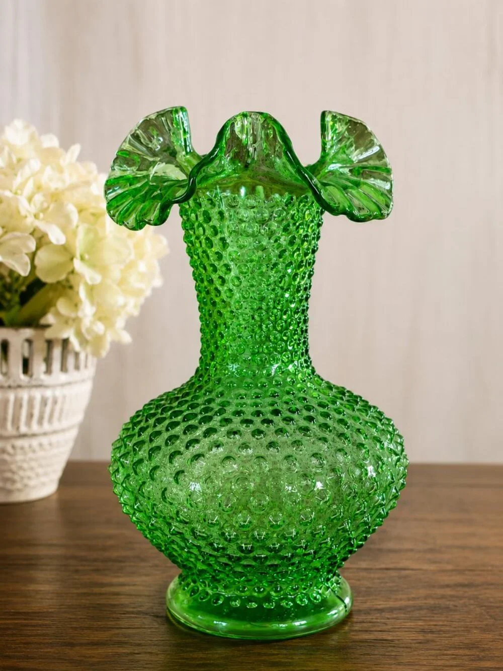 Vintage Fenton Green Hobnail Ruffled Vase 11” Art Glass Signed USA